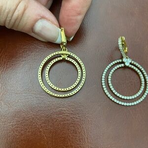Judith Ripka gold tone earrings. Double Circle Drop Earrings with cz diamonds.